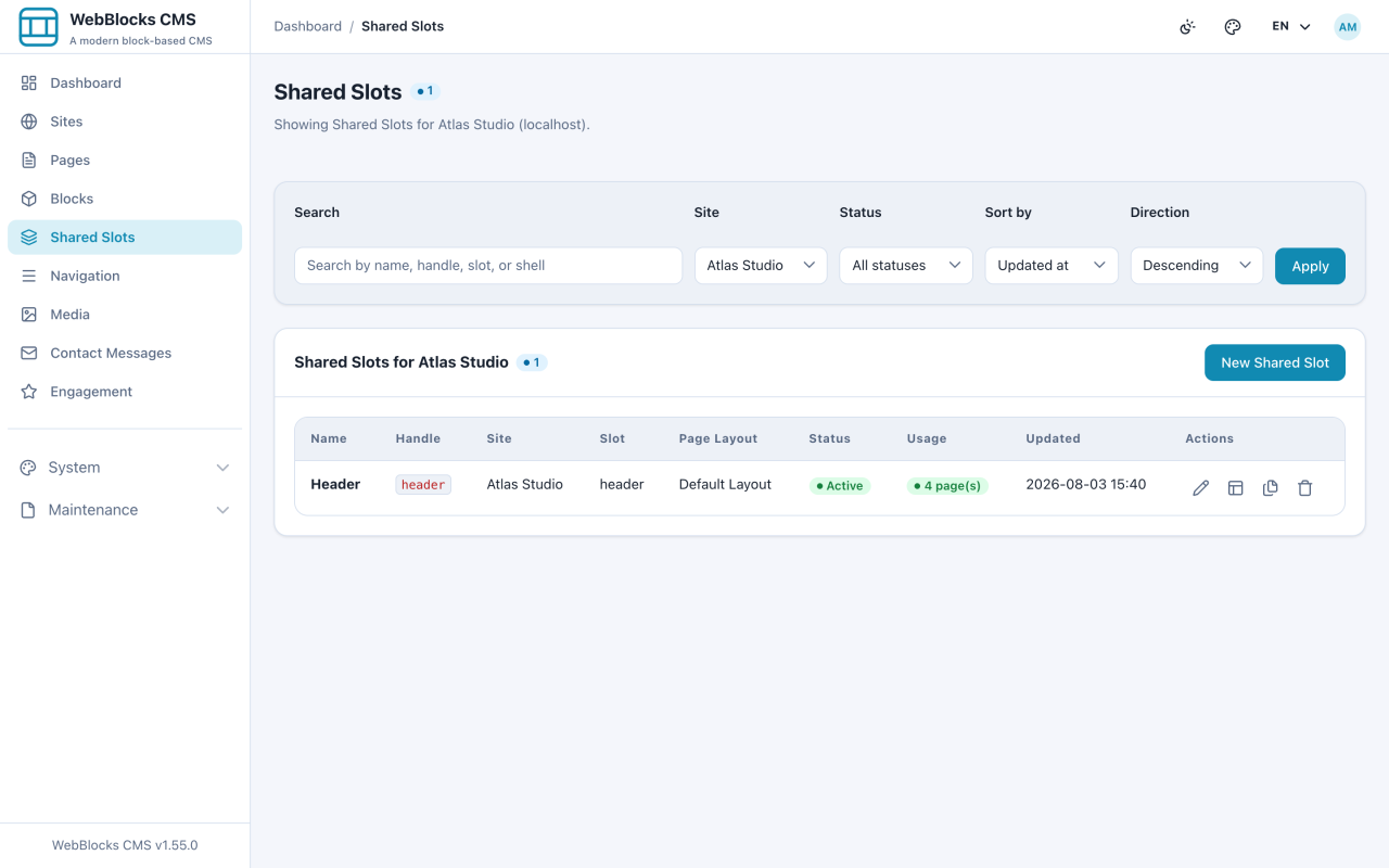 Shared Slots screen listing reusable areas and their usage.