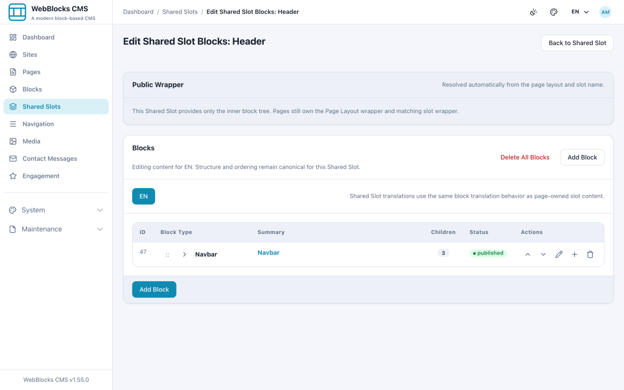 Shared slot block list showing a navbar with brand, navigation, and header actions nested inside.