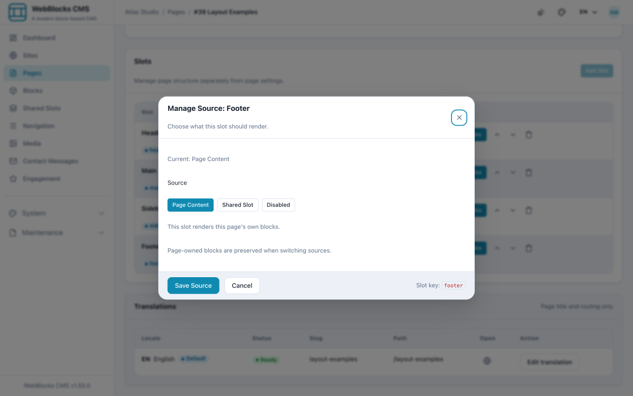 Manage source dialog offering page content, shared slot, or disabled for a slot.