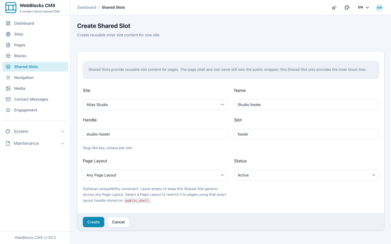 New shared slot form with site, name, handle, slot, page layout, and status.