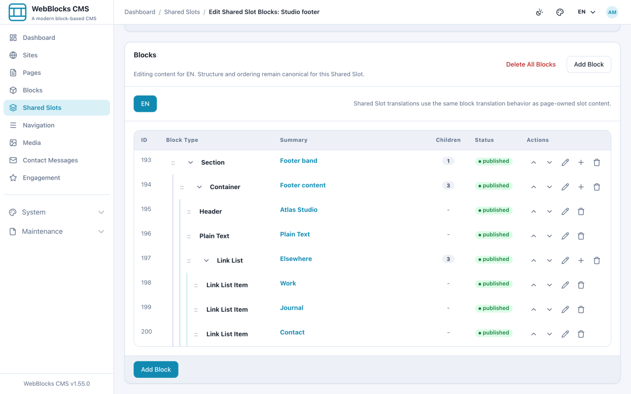 Shared slot block list showing a section, container, header, text, and link list.