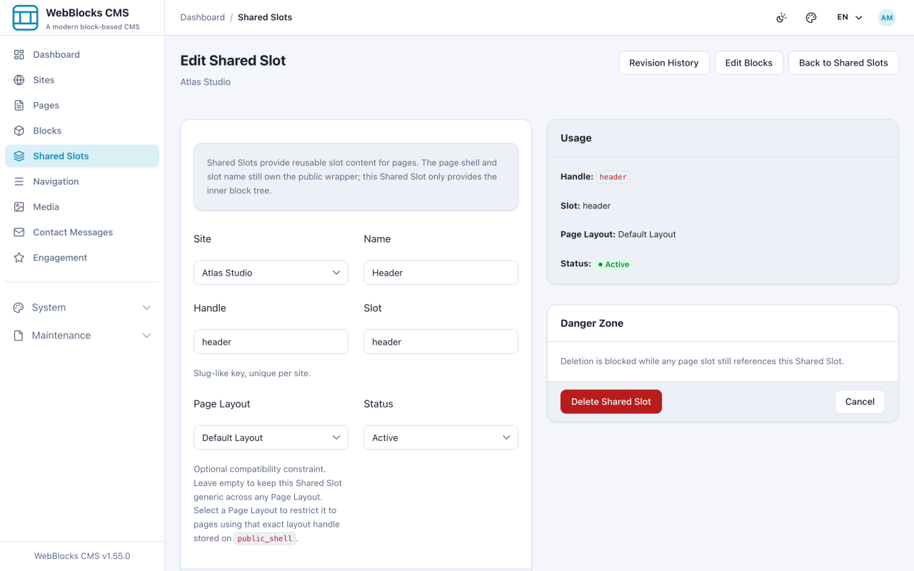 Shared slot edit screen showing the usage panel listing the pages that use it.