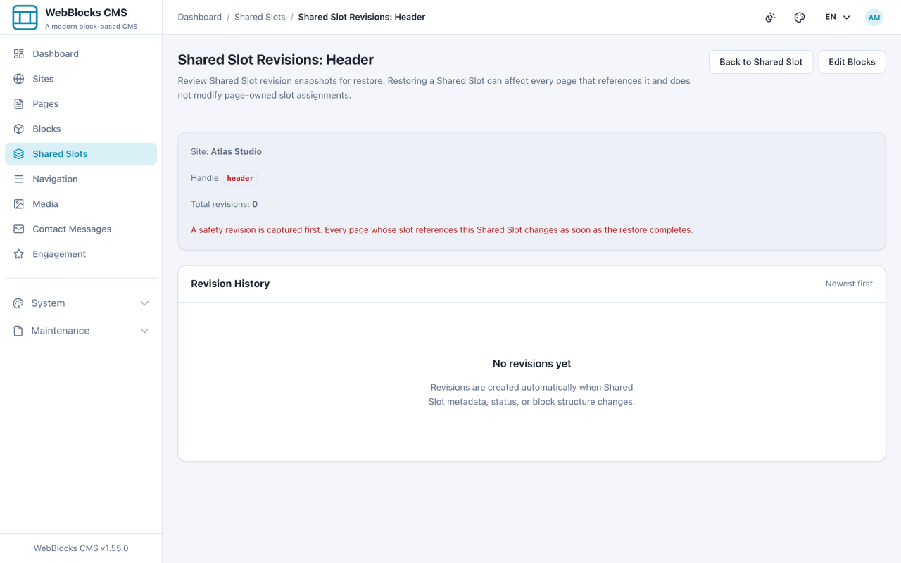 Shared slot revision history listing snapshots with restore actions.
