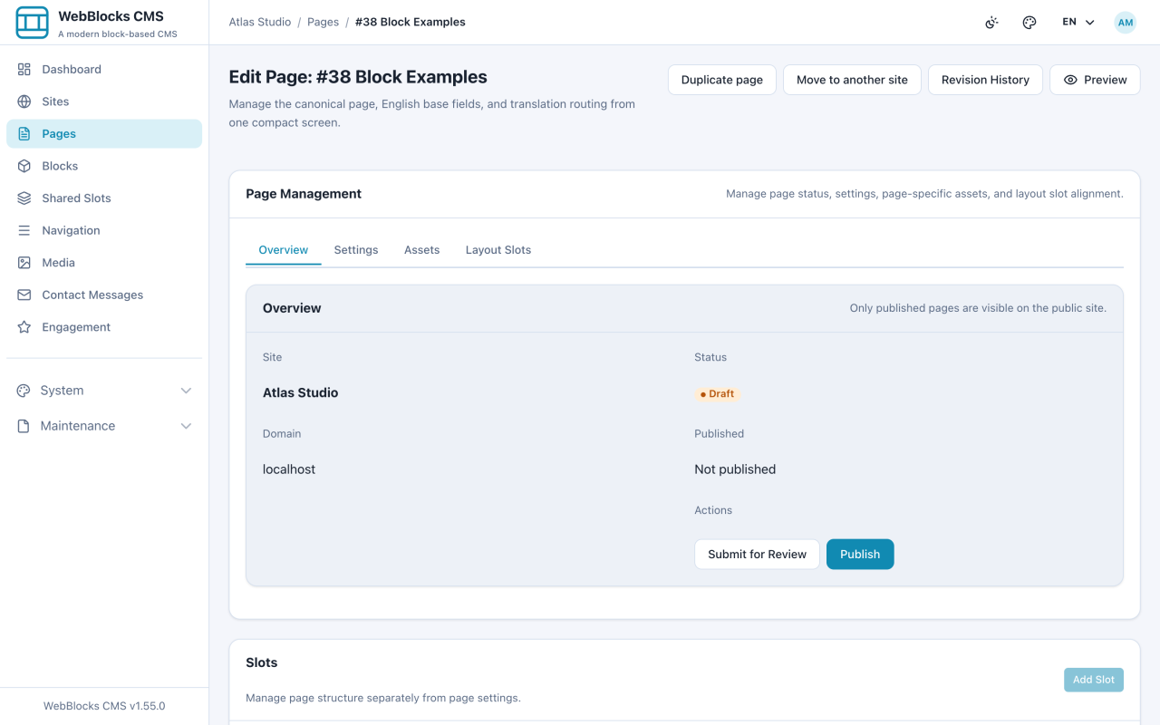Page overview showing draft status with submit for review and publish actions.