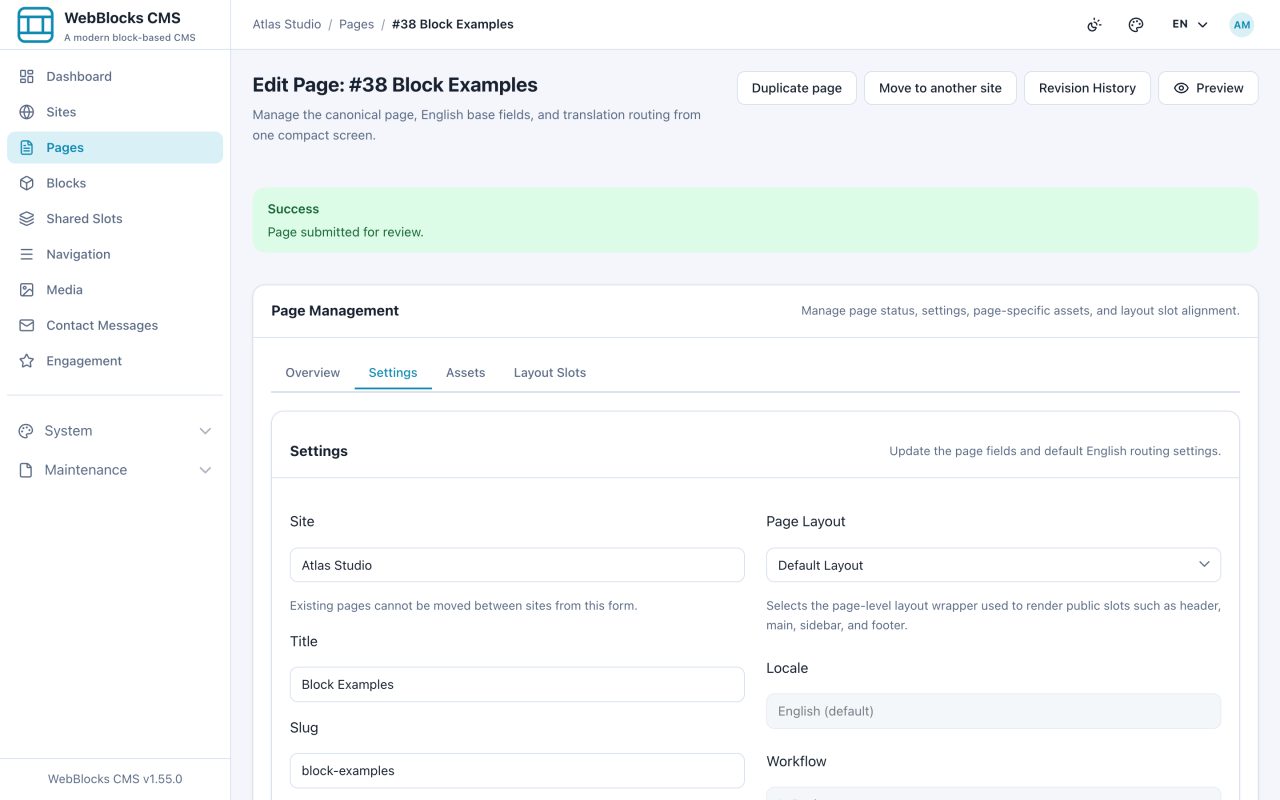 Page overview showing in review status.