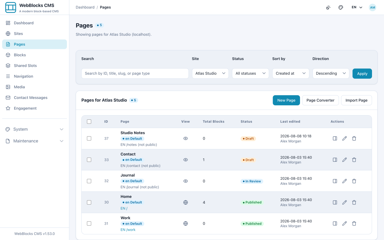 Pages list in the WebBlocks CMS admin panel.