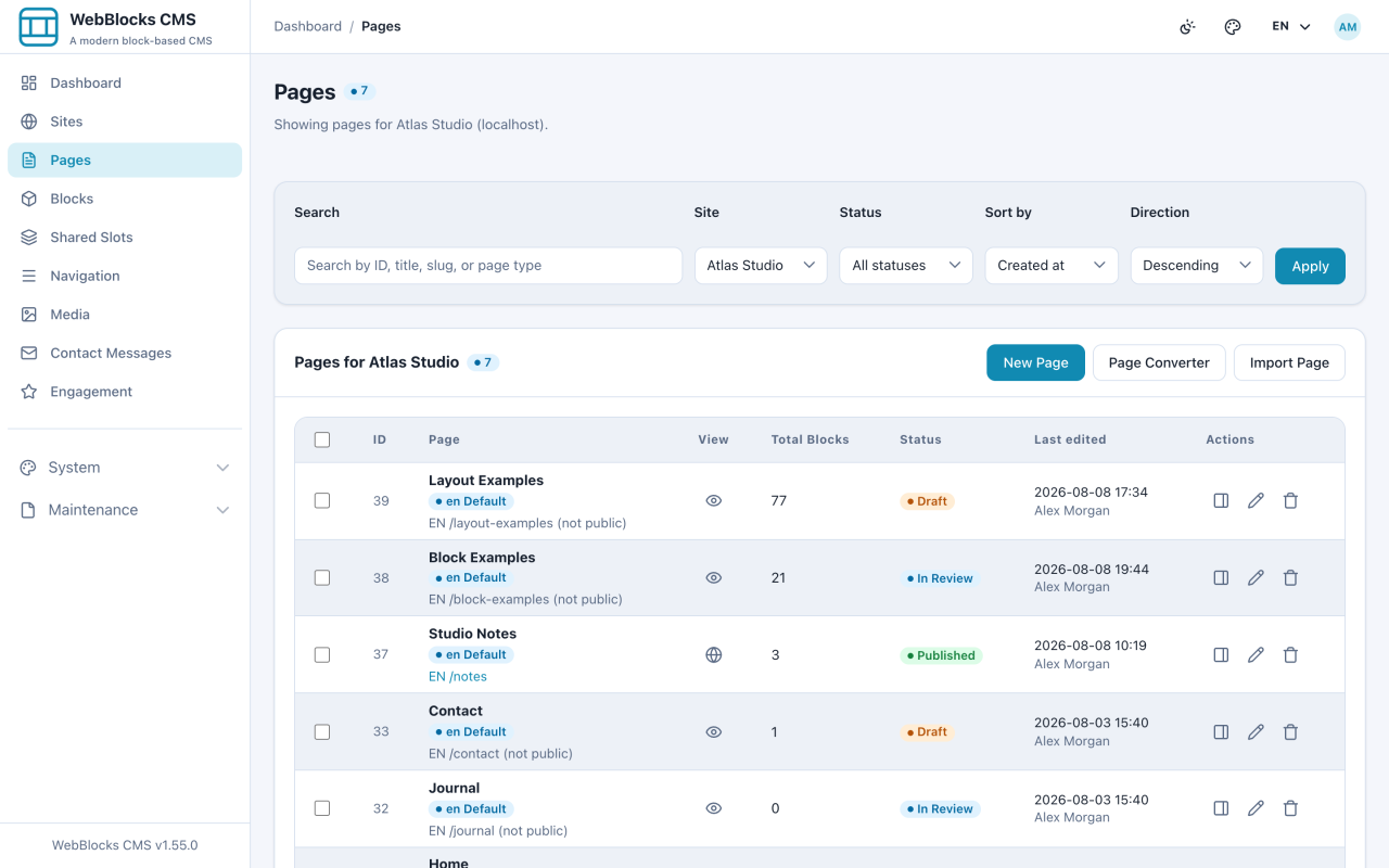 Pages list showing draft, in review, published, and archived pages side by side.