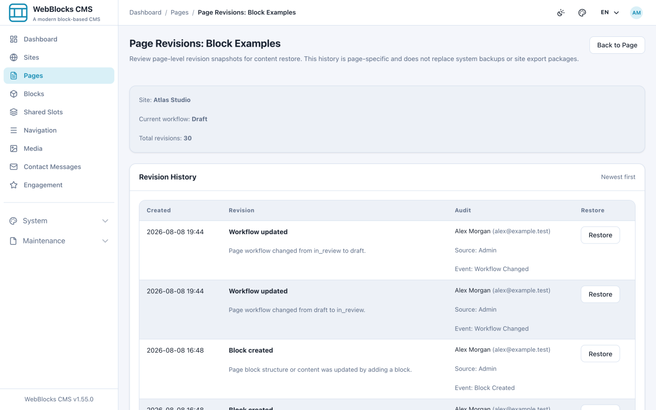 Page revision history listing workflow and block changes with author and restore actions.