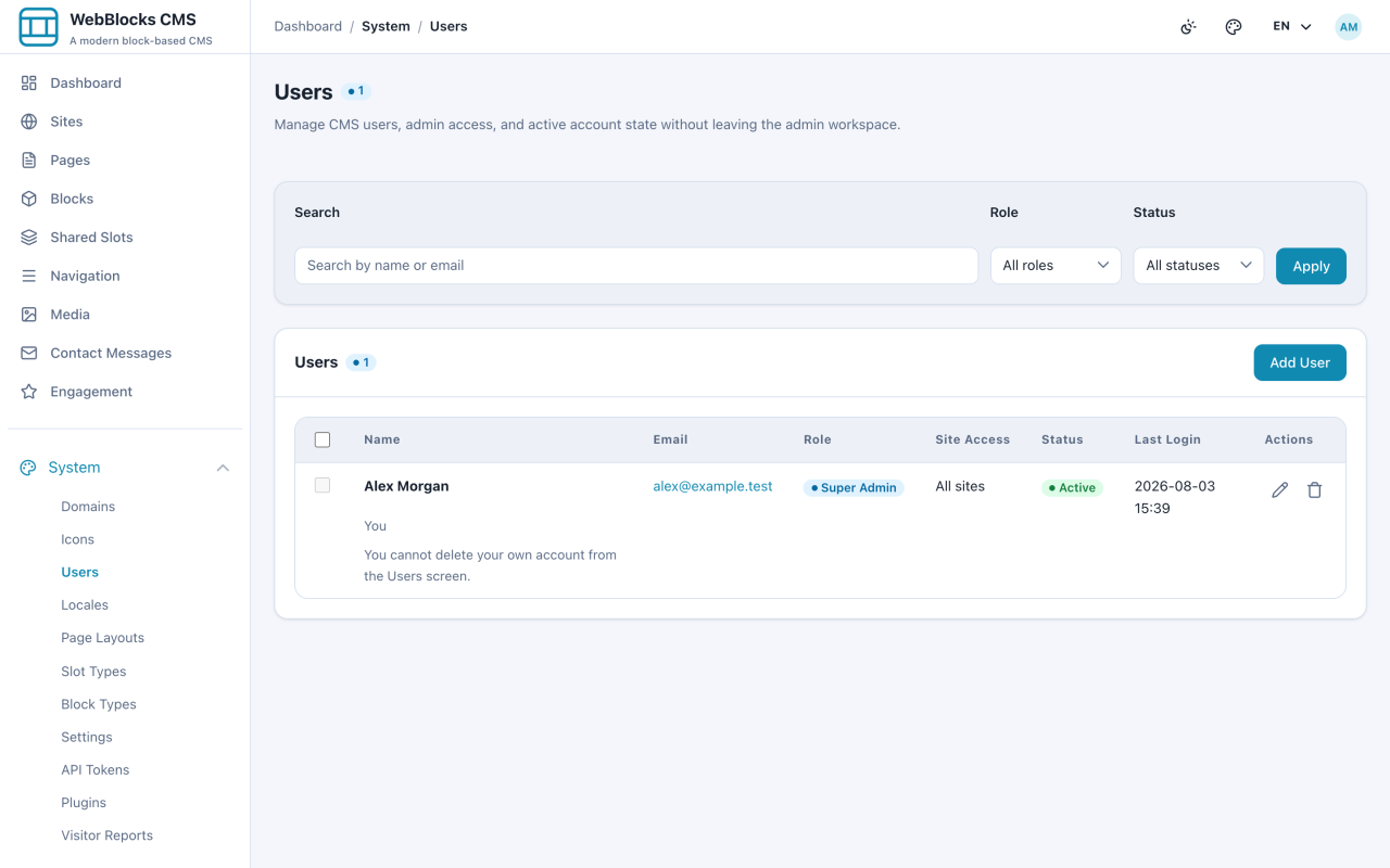 Users screen listing accounts with search, role, and status filters.