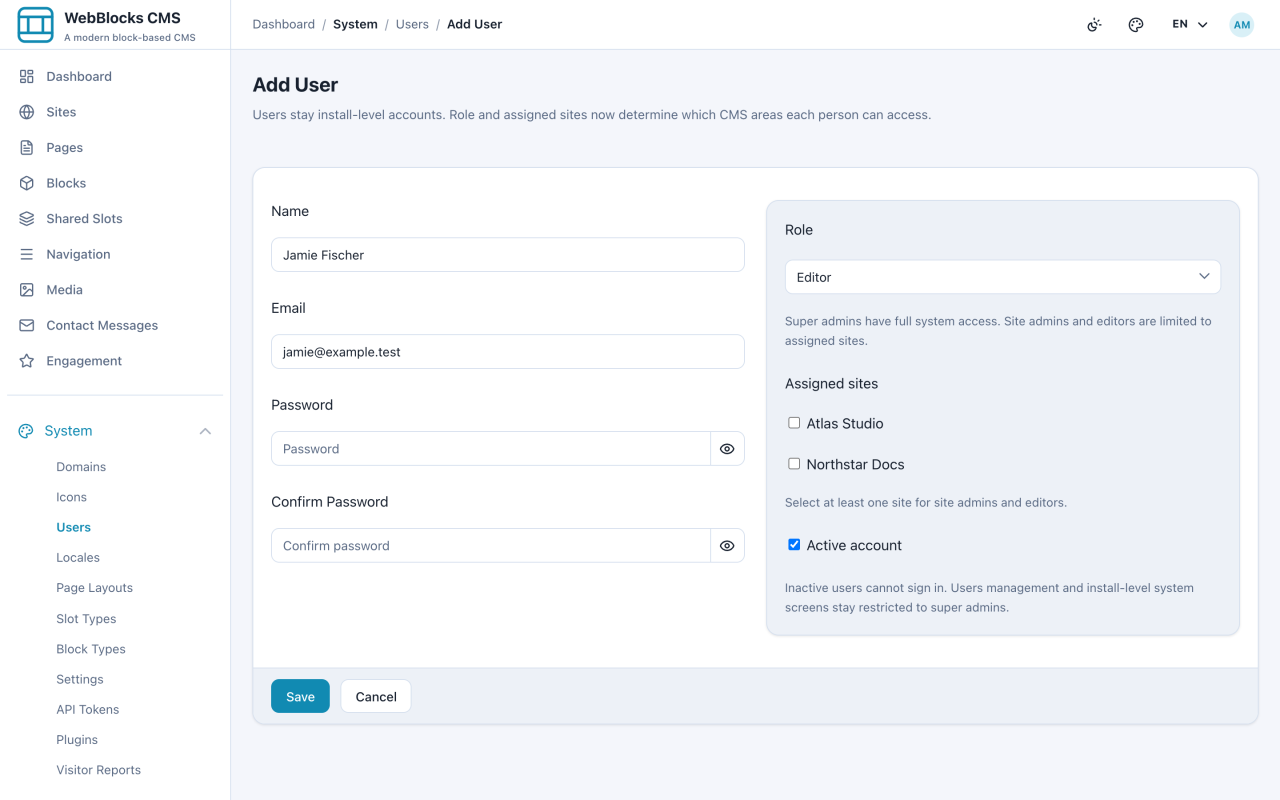 Add user form showing name, email, password, role, and per-site access checkboxes.