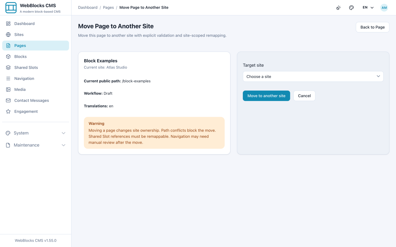 Move page to another site screen showing the current path and workflow.