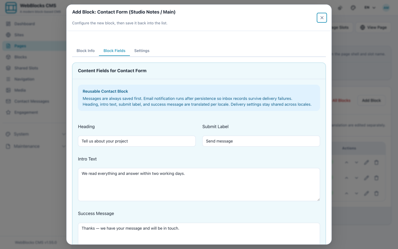 Contact form block showing heading, intro, submit label, success message, delivery and consent settings.