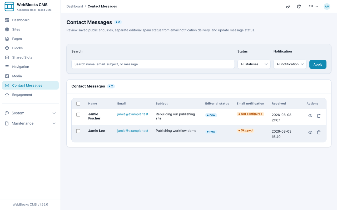 Contact messages inbox listing submissions with their status.