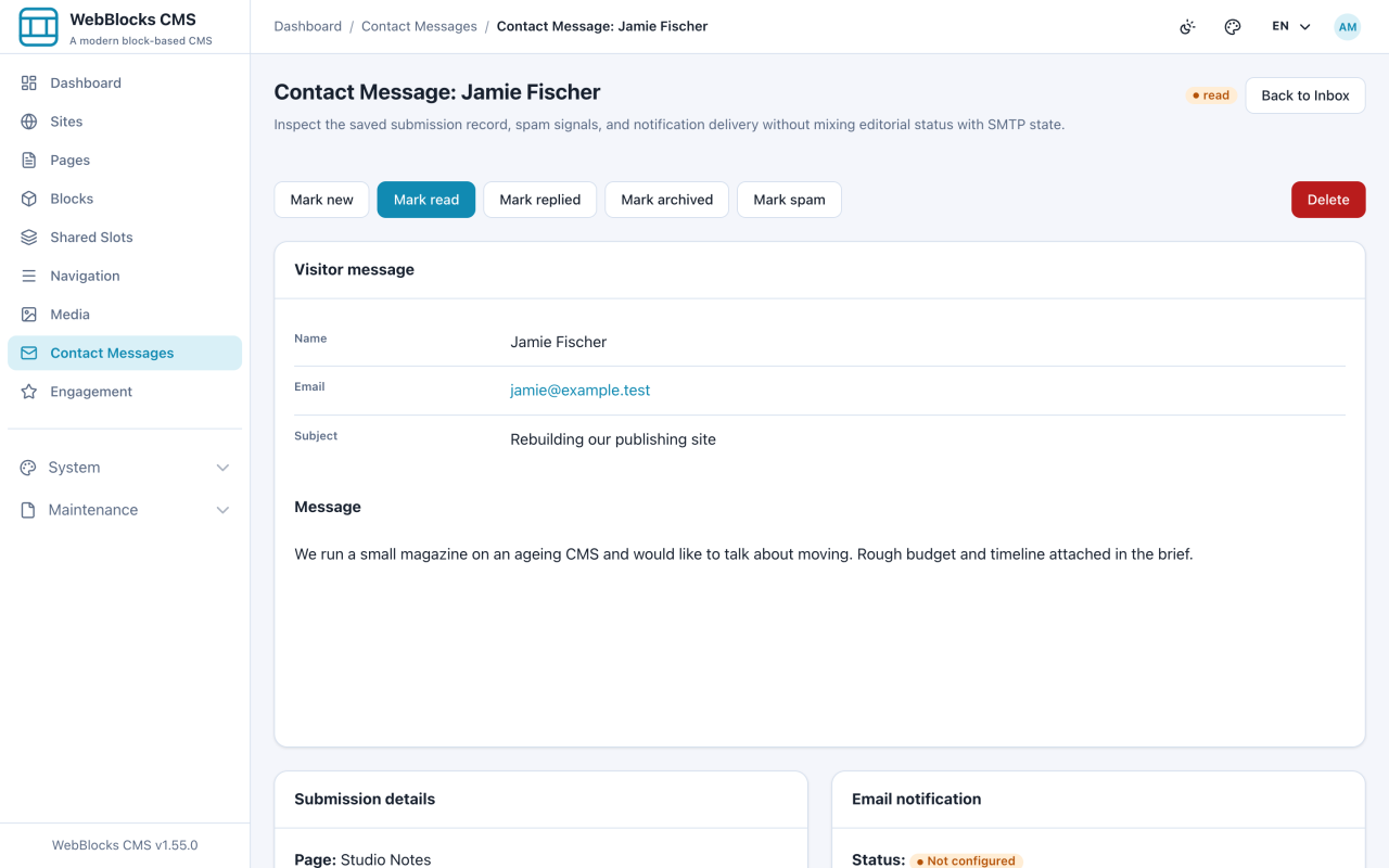 Contact message detail showing the visitor message, submission details, and email notification state.